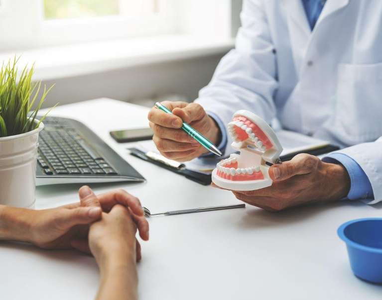 A dentist showing a patient a tooth model